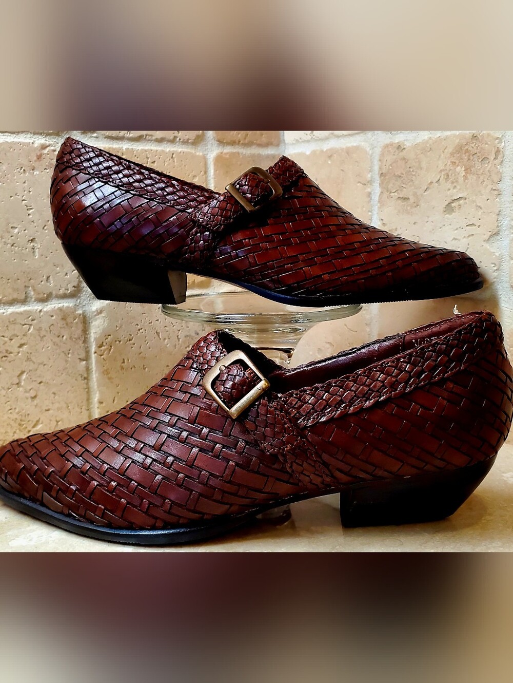 Nicole by Nicole Miller Victoria 7.5M Woven Leather Buckle Mules in Dark Brown